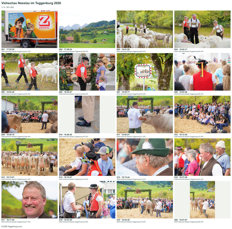 Contact sheet 1 showing photos 001 to 020 from the Nesslau Cattle Show 2026.