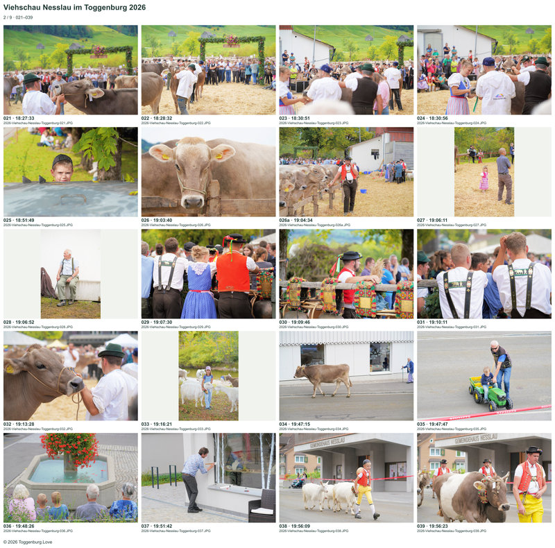 Contact sheet 2 showing photos 021 to 039 from the Nesslau Cattle Show 2026.