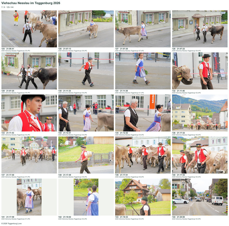 Contact sheet 7 showing photos 125 to 144 from the Nesslau Cattle Show 2026.