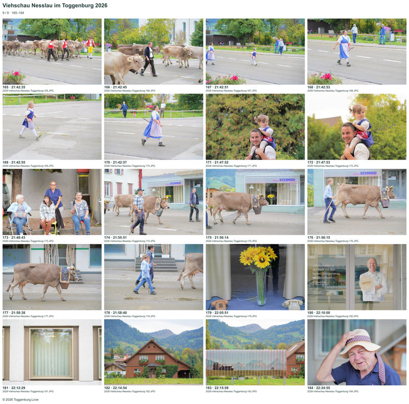 Contact sheet 9 showing photos 165 to 184 from the Nesslau Cattle Show 2026.