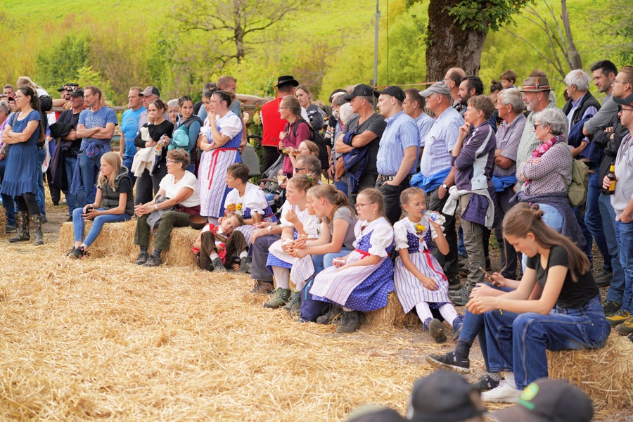Spectators standing and sitting at the edge of the cattle-show ring.