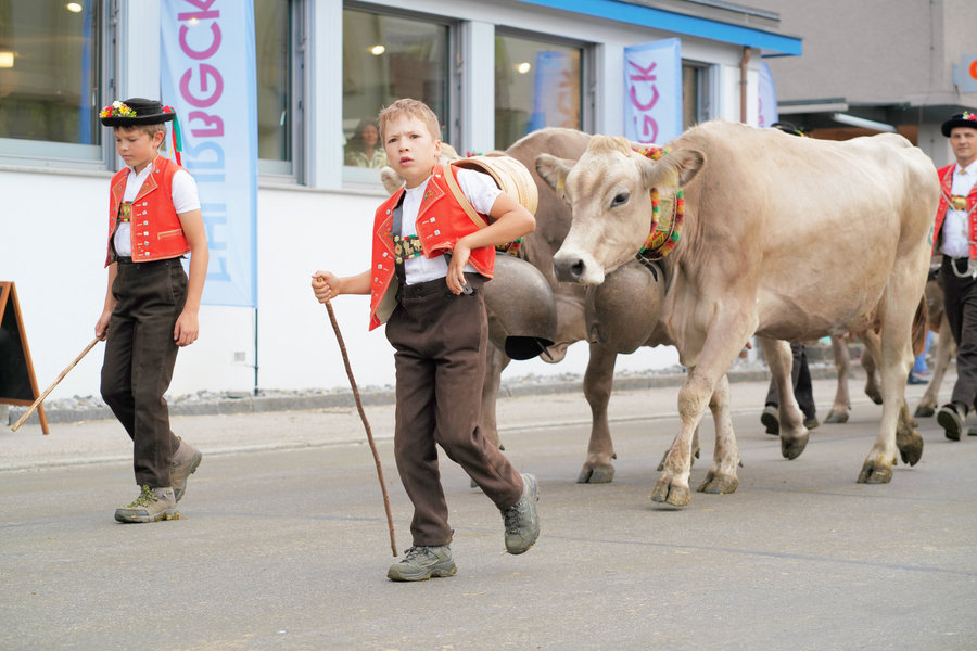 Two children in red waistcoats with cows on the village street.