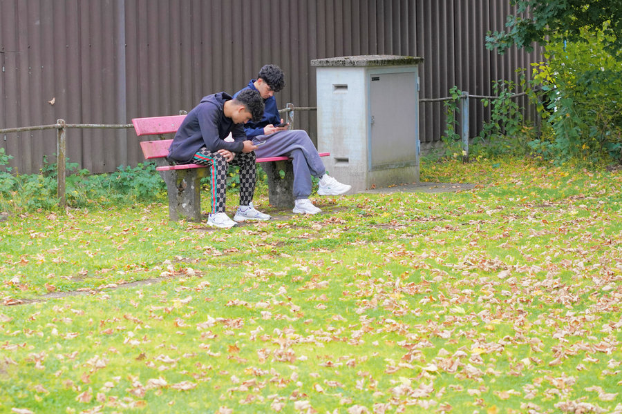 Two people sit on a pink bench in front of a dark wooden building, surrounded by grass, autumn leaves and trees.