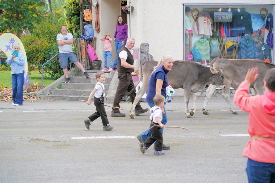 A woman and two children walk past with cows; a person on the right raises a hand in greeting.