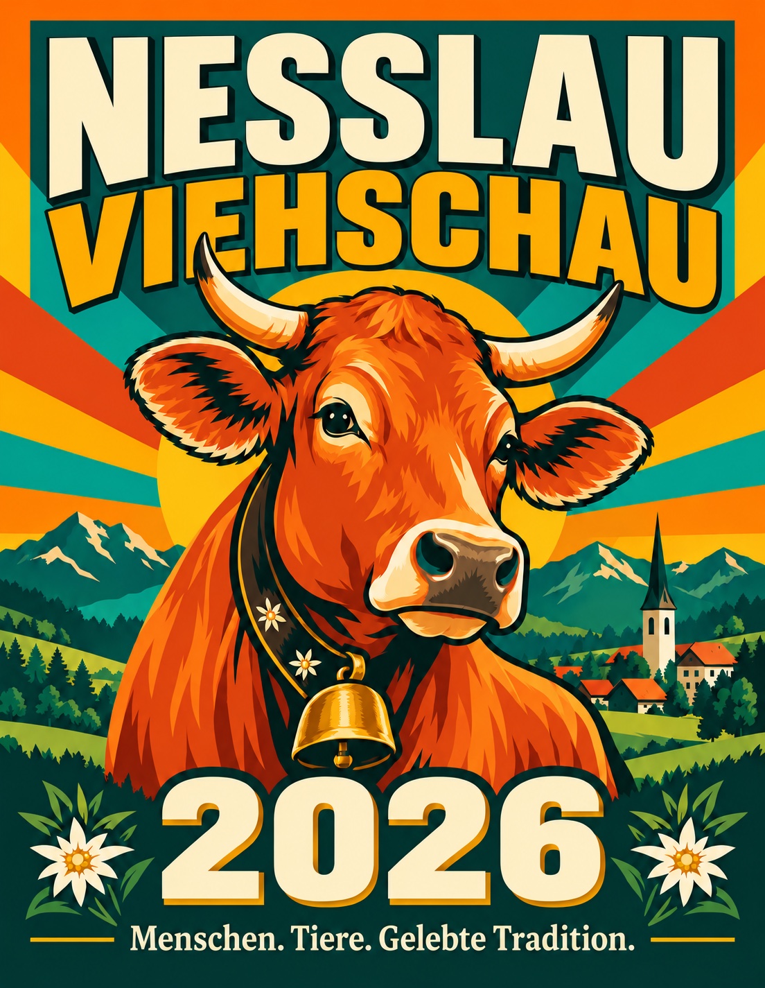 Cover of the Nesslau Viehschau 2026 photography special edition: an orange and green cow illustration with the German subtitle Menschen. Tiere. Gelebte Tradition.