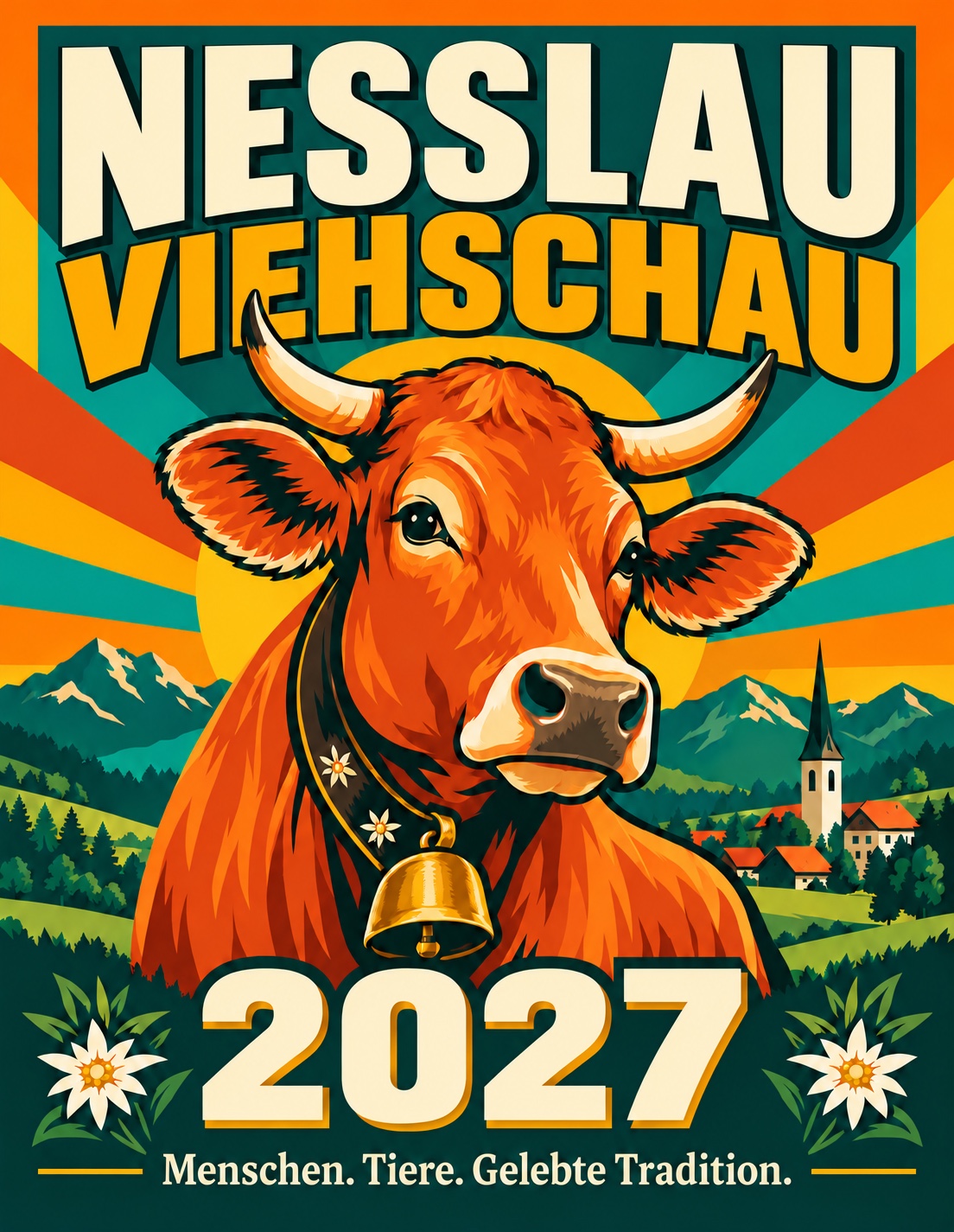 Umschlagentwurf Nesslau Viehschau 2027 mit einer geschmückten Kuh und einer stilisierten Toggenburger Landschaft.
